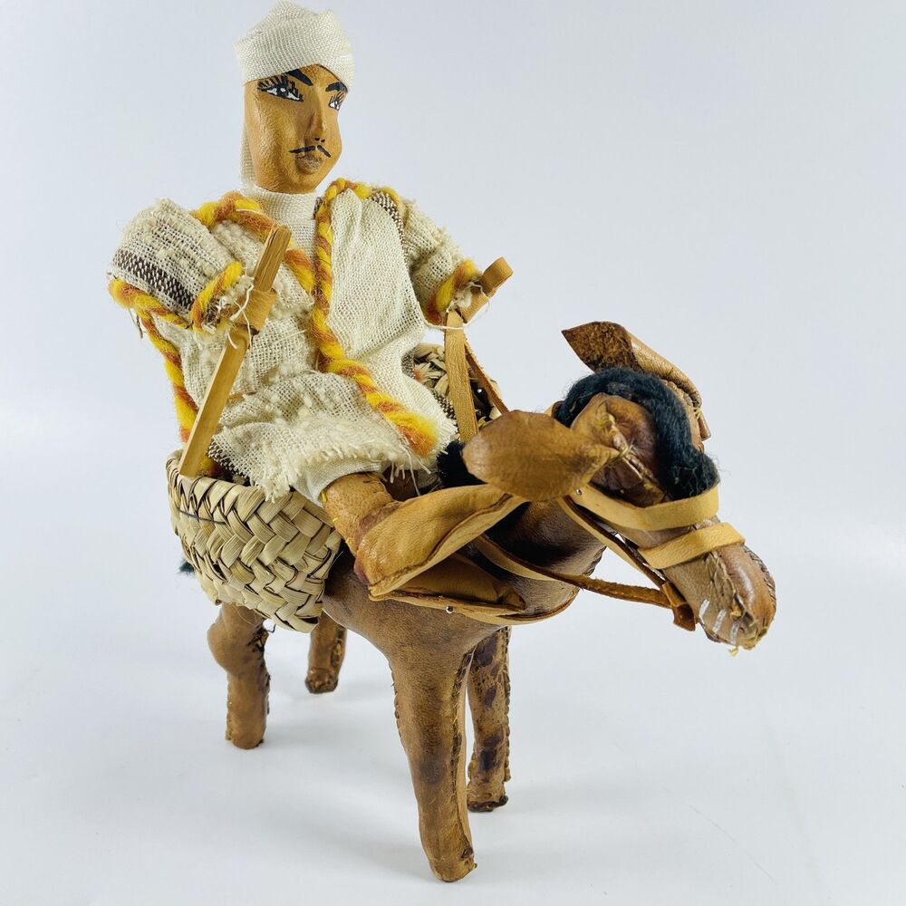 Vintage Handmade Rider Doll w Basket on Leather Horse Donkey 9" Morocco Folk Art